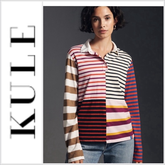 Kule The Patch Rugby Cotton Long Sleeve Tee Pink Multi size XS - Picture 1 of 12